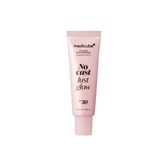 MEDICUBE Collagen Glow Sunscreen is a daily sunscreen that provides strong SPF 50+ PA++++ UV protection with a glowing finish and no white cast. Formulated with Collagen, Peptides, PDRN, Niacinamide, Cica, Hyaluronic Acid, Ceramides, Ectoin, Squalane, Beta-Glucan, and Sodium DNA, it helps hydrate, soothe, firm, and support the skin barrier. Collagen and Peptides help improve the look of smoothness and elasticity, while Niacinamide and Cica help calm stressed skin and support a clearer, more balanced tone. T