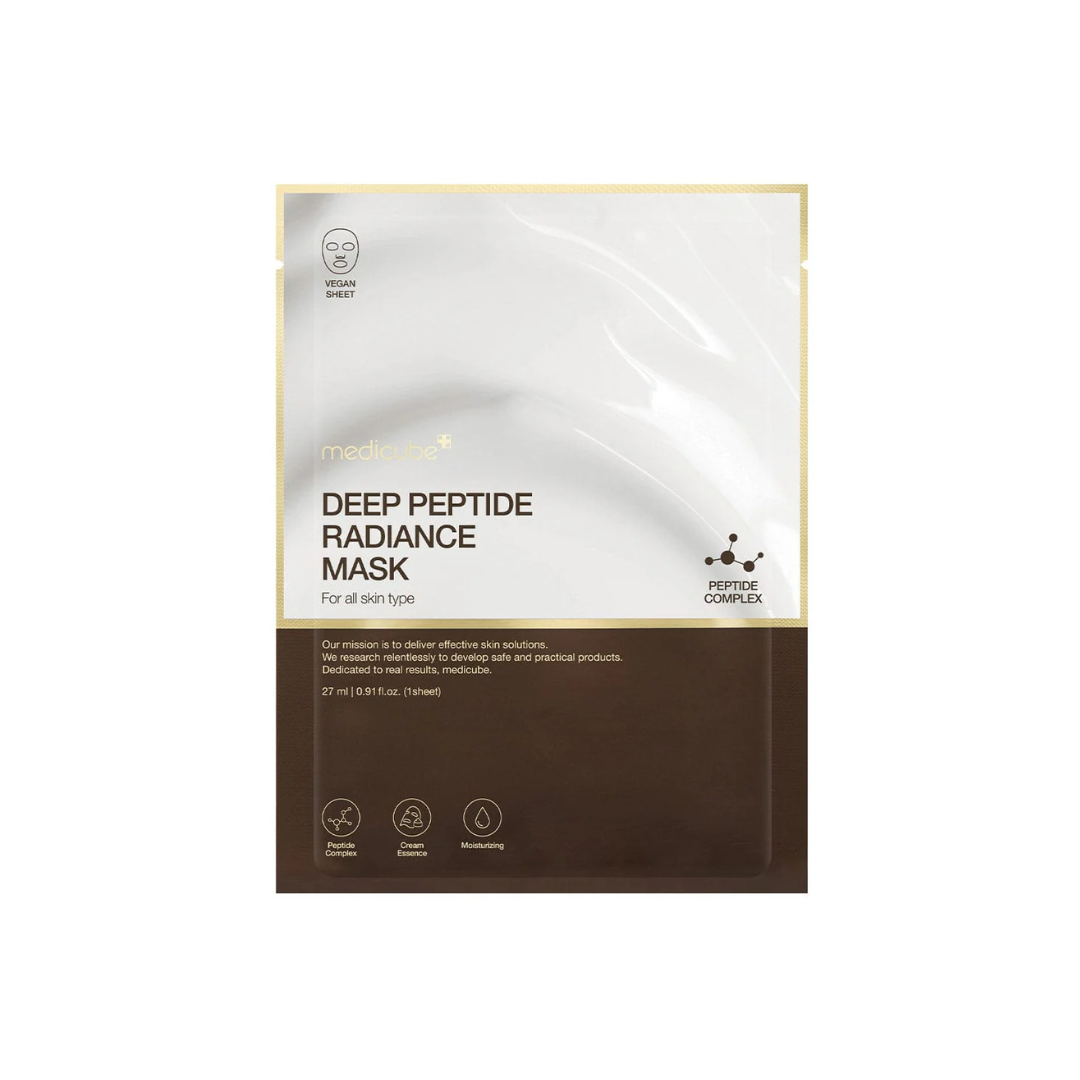 This nourishing sheet mask, MEDICUBE Deep Peptide Radiance Mask, is made to boost hydration, elasticity, and radiance in just one use. It is soaked in a rich peptide cream essence that helps leave skin looking plump, smooth, and glowing.

Formulated with Quadruple Peptide, Hyaluronic Acid, and Niacinamide, it helps support firmness, lock in moisture, and improve the look of dullness and uneven tone. The vegan-approved sheet hugs the skin comfortably while helping deliver deep hydration without drying out qu