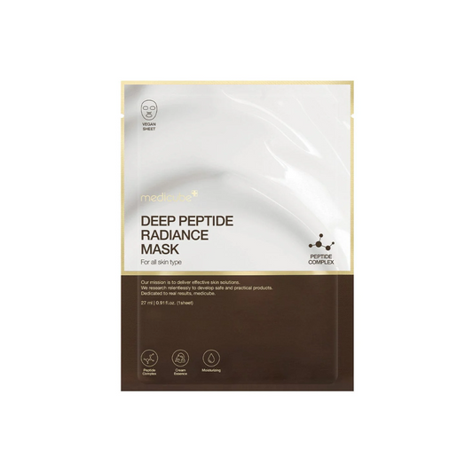 This nourishing sheet mask, MEDICUBE Deep Peptide Radiance Mask, is made to boost hydration, elasticity, and radiance in just one use. It is soaked in a rich peptide cream essence that helps leave skin looking plump, smooth, and glowing.

Formulated with Quadruple Peptide, Hyaluronic Acid, and Niacinamide, it helps support firmness, lock in moisture, and improve the look of dullness and uneven tone. The vegan-approved sheet hugs the skin comfortably while helping deliver deep hydration without drying out qu