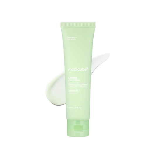 This soothing cica cream, MEDICUBE Exosome Cica Cream, is made to calm irritated skin, deeply hydrate, and support a stronger skin barrier. The comforting moisturizer absorbs smoothly and helps reduce the look of redness while leaving skin soft, balanced, and refreshed.

Formulated with Centella Asiatica, Panthenol, Ceramide NP, Ectoin, Allantoin, Hydrolyzed Hyaluronic Acid, Licorice Extract, and nano-sized Exosome Cica, it helps support soothing care, moisture, barrier repair, and smoother-looking skin. It
