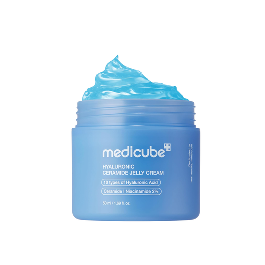 This lightweight barrier cream, MEDICUBE Hyaluronic Ceramide Moisturizing Jelly Cream, is made to deliver deep hydration, soothe dryness, and support a stronger, healthier-looking skin barrier. The refreshing jelly texture absorbs comfortably and leaves skin looking plump, smooth, and dewy without a heavy or greasy finish.

Formulated with Niacinamide, 10 types of Hyaluronic Acid, 5 types of Ceramides, Squalane, Ectoin, Allantoin, Trehalose, Cholesterol, Peptides, and Turmeric Root Extract, it helps support