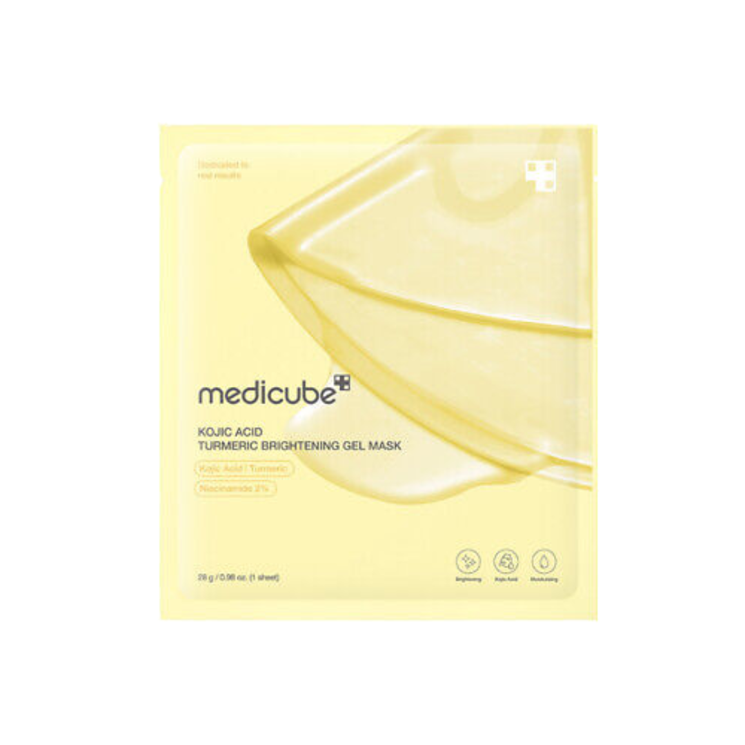 This color-changing hydrogel mask, MEDICUBE Kojic Acid Turmeric Gold Jelly Gel Mask, is made to brighten, hydrate, and give skin a smooth glass-glow finish. The gold jelly mask gradually turns transparent as it adheres to the skin and delivers its essence, making it ideal for overnight care or a 3–4 hour daytime treatment.

Formulated with Kojic Acid, Turmeric, and Niacinamide, it helps improve the look of dullness, uneven tone, rough texture, dryness, excess sebum, and visible pores. It is dermatologist-te
