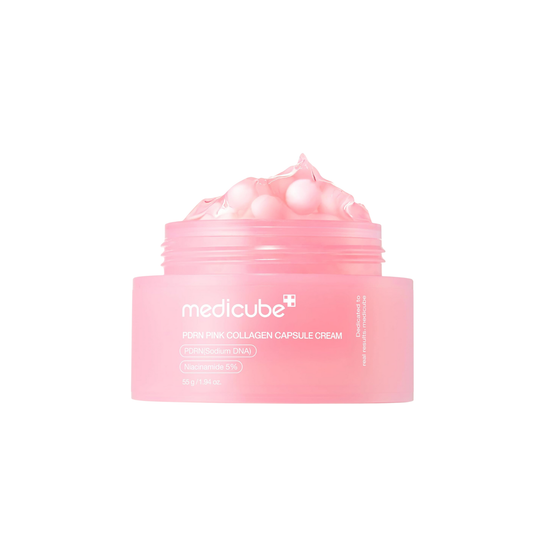 This dual-texture pink capsule cream, MEDICUBE PDRN Pink Collagen Capsule Cream, is made to hydrate, firm, and support a radiant glass-skin glow. The formula combines pink nourishing capsules with a clear gel texture, allowing you to mix the two textures together before applying for a smooth, dewy finish.

Formulated with Niacinamide, Salmon DNA PDRN, Salmon Egg Extract, Squalane, Glutathione, Ceramide NP, Hydrolyzed Collagen, Peptides, Adenosine, and multiple types of Hyaluronic Acid, it helps support mois