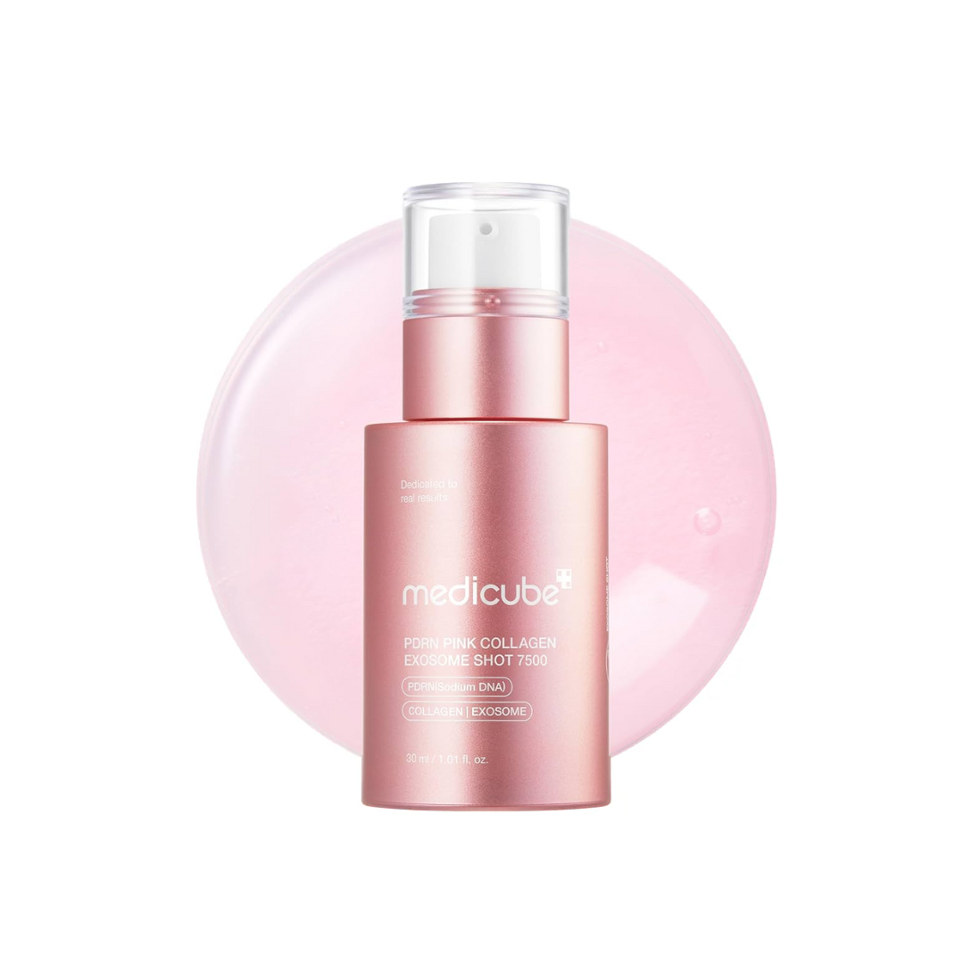 This stronger pink-glow booster is designed for more intensive at-home care for texture, pores, elasticity, and dullness. MEDICUBE PDRN Pink Collagen Exosome Shot 7500 uses micro-needling-inspired spicules with 15M high-purity Exosomes, 99% Pure Salmon PDRN, and Ultra-Low Molecular Collagen to help support smoother, brighter, more refined-looking skin. The 7500 version is the stronger option, best for users who already tolerate spicule products or want a more powerful treatment. A tingling sensation is norm