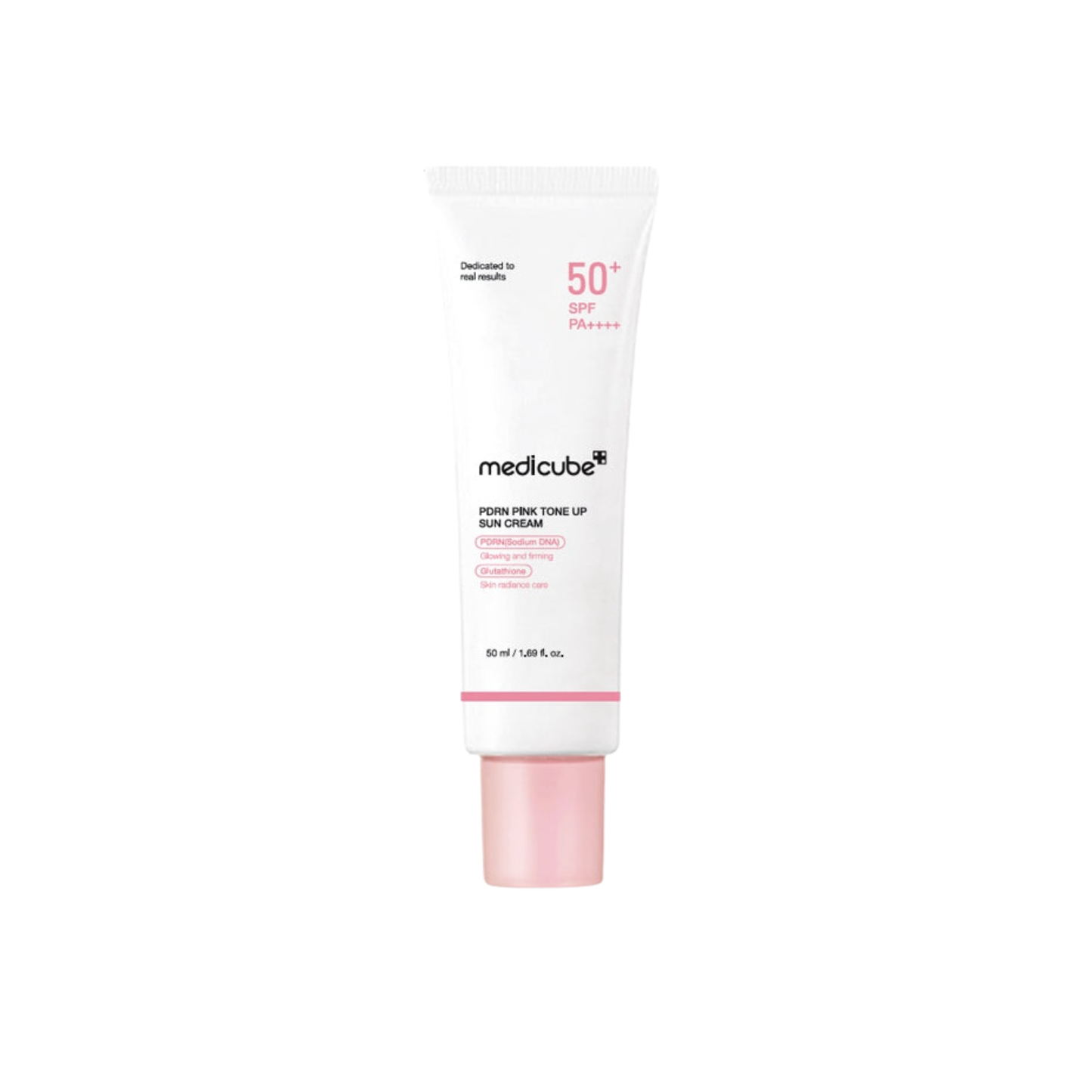 Medicube PDRN Pink Tone Up Sun Cream tube, SPF50+ PA++++, pink cap, 50ml, white background.