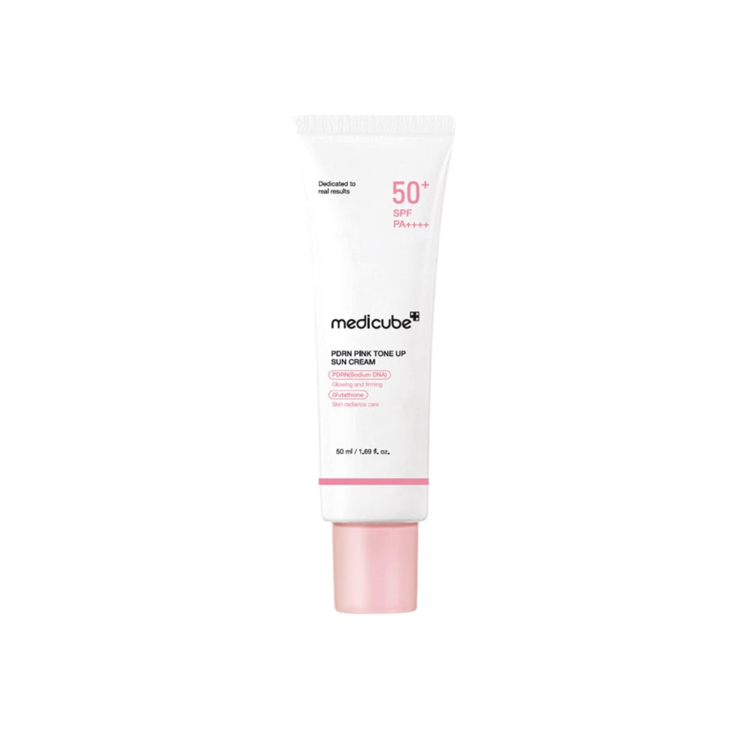 Medicube PDRN Pink Tone Up Sun Cream tube, SPF50+ PA++++, pink cap, 50ml, white background.