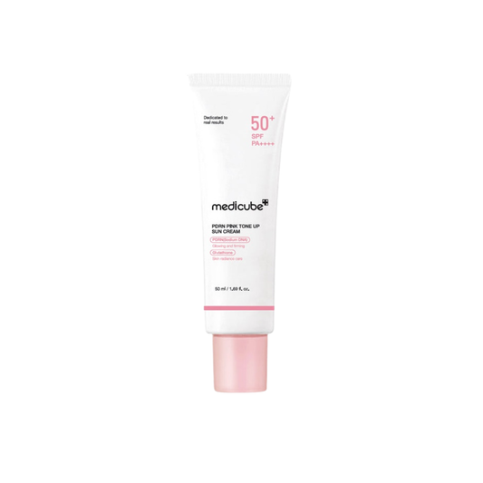 Medicube PDRN Pink Tone Up Sun Cream tube, SPF50+ PA++++, pink cap, 50ml, white background.