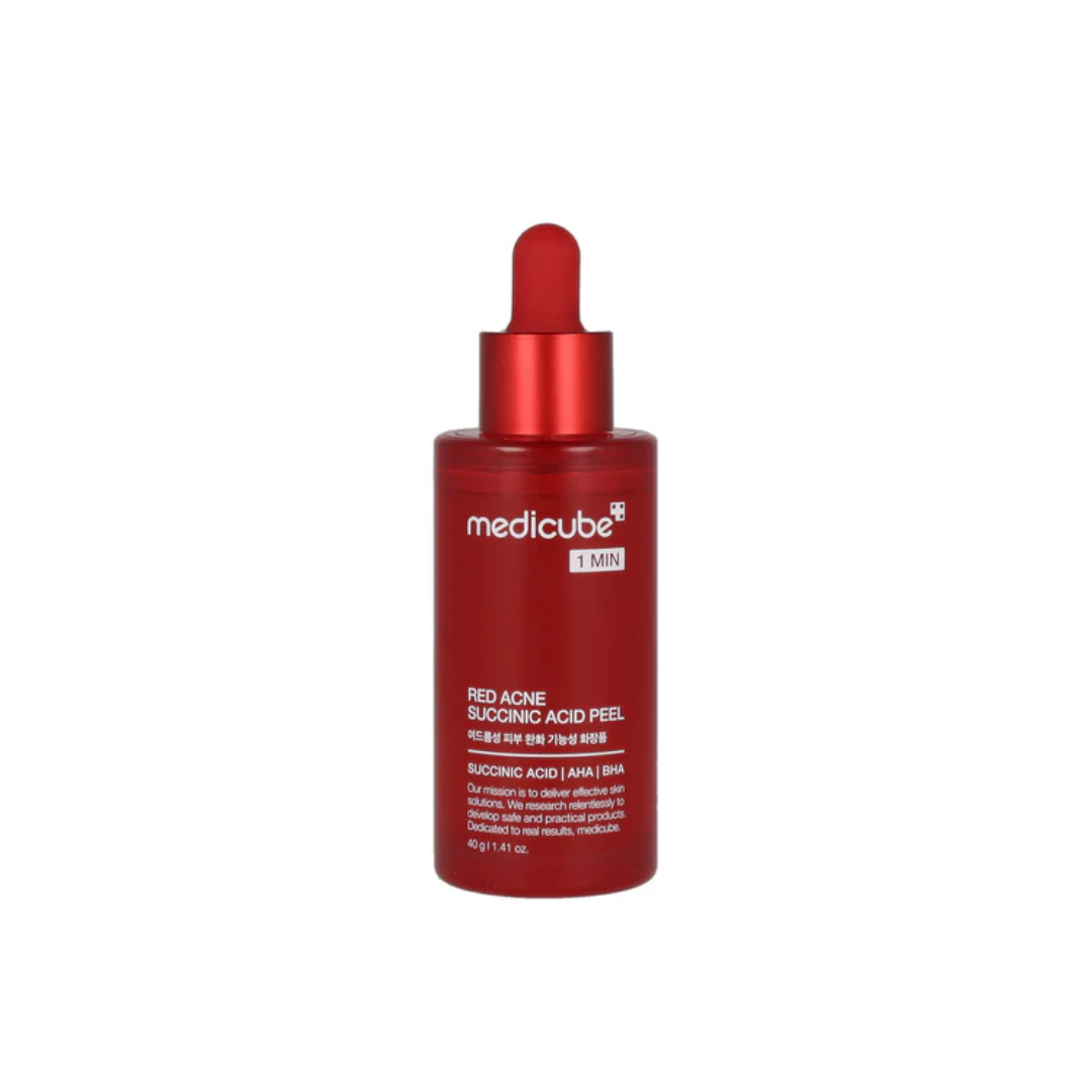 This 1-minute peeling serum, MEDICUBE Red Acne Succinic Acid Peel, is made to help clear clogged pores, remove excess sebum, smooth dead skin buildup, and refresh acne-prone skin. It works after cleansing as a quick rinse-off booster that helps skin look cleaner, smoother, and more refined.

Formulated with Lactic Acid, Succinic Acid, Salicylic Acid, and Glycolic Acid, it helps exfoliate dead skin, reduce the look of blackheads and whiteheads, improve rough texture, and support a clearer-looking complexion.