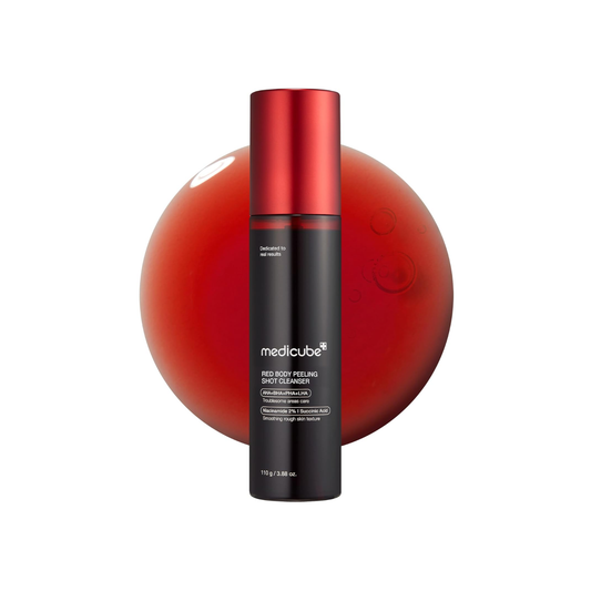MEDICUBE Red Body Peeling Shot is a high-strength body exfoliating treatment designed to help smooth rough texture, clear clogged pores, and improve the look of body blemishes. Formulated with Lactic Acid, Gluconolactone, Salicylic Acid, Glycolic Acid, Capryloyl Salicylic Acid, Niacinamide, Panthenol, Allantoin, Tea Tree, Willow Bark, Centella Asiatica, and Green Tea Extract, it helps remove dead skin cells, refine uneven texture, and support clearer-looking skin. Best suited for body acne, rough bumps, clo
