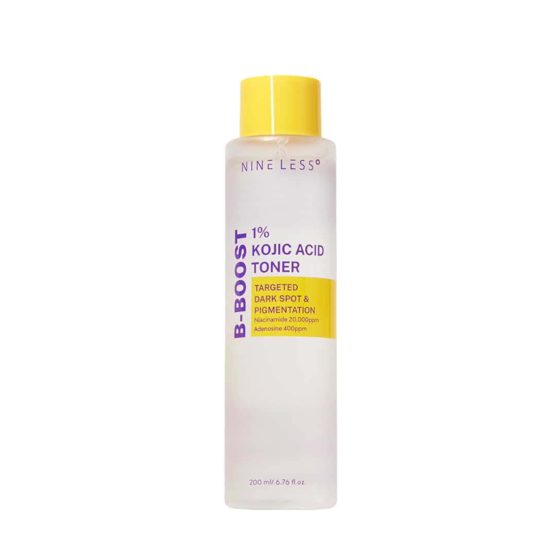 NINELESS B-Boost 1% Kojic Acid Toner is a brightening facial toner designed to improve uneven skin tone and enhance overall clarity. Formulated with 1% Kojic Acid and Niacinamide, it helps reduce the appearance of dark spots while refining skin texture. Hydrating ingredients and soothing agents help maintain moisture balance, leaving the skin feeling refreshed, calm, and visibly more radiant.
