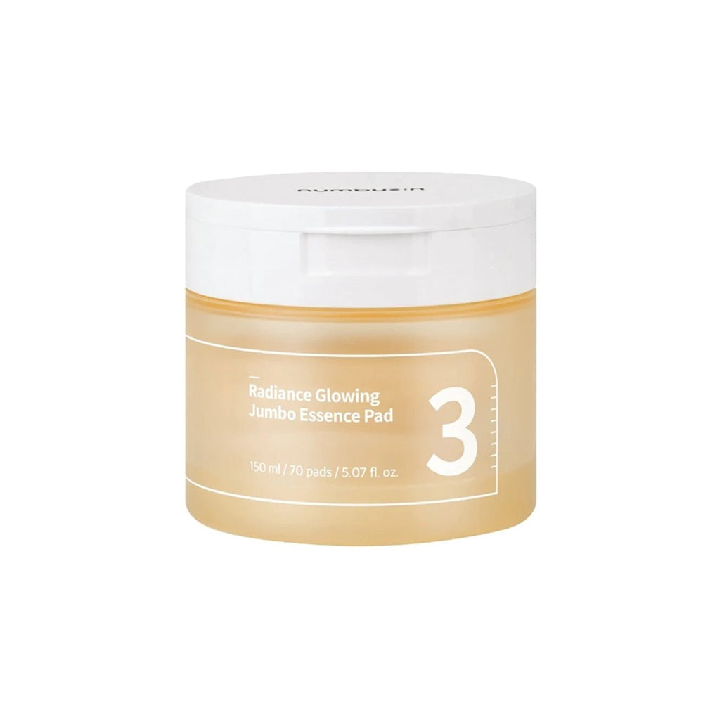 NUMBUZIN No.3 Radiance Glowing Jumbo Essence Pad is a brightening and hydrating pad soaked in a nutrient-rich essence packed with fermented extracts. Formulated with Niacinamide, Hyaluronic Acid, and over 50 types of fermented ingredients, it boosts radiance, smooths texture, and revitalizes dull skin. The large, cushiony pads glide effortlessly across the face, delivering deep hydration and a glowing, healthy-looking complexion. Perfect for daily use to refresh, brighten, and prep your skin.
