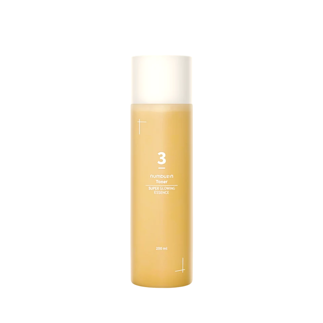 NUMBUZIN No.3 Super Glowing Essence Toner is a radiance-boosting toner powered by Niacinamide and a rich blend of fermented extracts including Rice, Soybean, Ginseng, and Grape. Packed with over 50 ferment complexes, it deeply hydrates, strengthens the skin barrier, and smooths texture for a brighter, more luminous complexion. With its lightweight essence texture, it absorbs quickly and preps skin to maximize the benefits of your skincare routine.