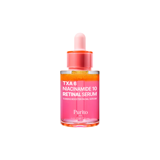 PURITO SEOUL TXA 6 Niacinamide 10 Retinal Serum is a multi-functional brightening and anti-aging serum that helps improve skin tone, texture, and elasticity. Formulated with 10% Niacinamide, Tranexamic Acid, and Retinal, it targets dark spots, uneven tone, and fine lines for a clearer, smoother complexion. Enriched with Centella Asiatica Extract, Ceramide NP, and Glutathione, it soothes, hydrates, and strengthens the skin barrier while promoting a radiant, youthful glow.