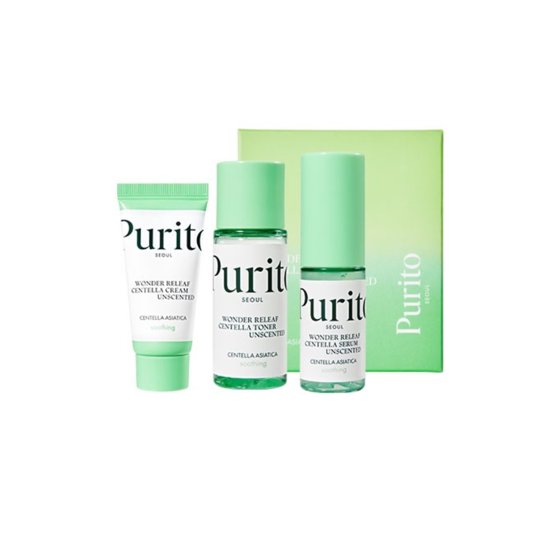 The PURITO SEOUL Wonder Releaf Centella Mini Kit Unscented is a gentle skincare trio designed to calm and nourish sensitive skin. This set includes the Wonder Releaf Centella Toner, Serum, and Cream, all unscented and packed with Centella Asiatica to soothe irritation and strengthen the skin barrier. Ideal for on-the-go care, each product provides lightweight hydration and support for a balanced, healthy complexion without any added fragrance. Perfect for sensitive and redness-prone skin.&nbsp;