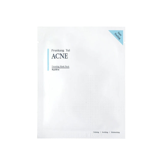 PYUNKANG YUL Acne Dressing Mask Pack is a targeted sheet mask designed to combat acne and soothe irritated skin. Formulated with Willow Bark Extract, Forsythia Suspensa Fruit Extract, and Sodium Hyaluronate, it helps reduce inflammation, control excess oil, and hydrate the skin. It is perfect for calming breakouts and promoting a clear, healthy complexion. The mask pack contains 4 square sheets, which allows you to target specific areas on your face that are prone to&nbsp;or currently have acne.&nbsp;