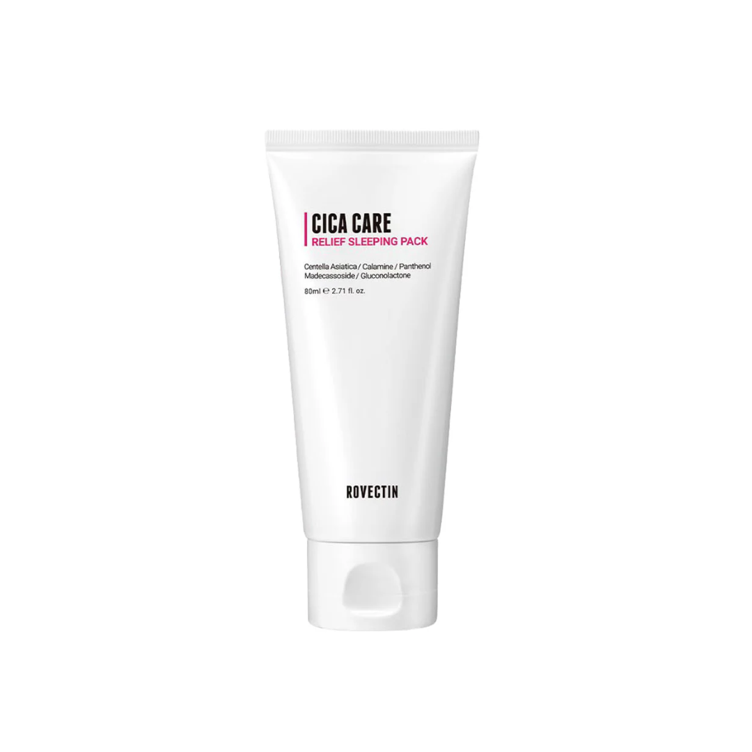 ROVECTIN Cica Care Relief Sleeping Pack is a calming overnight mask that helps soothe and repair the skin while you rest. Enriched with Centella Asiatica, Madecassoside, and Calamine, it reduces redness and strengthens the skin barrier. Panthenol and Allantoin deliver deep hydration, while PHA (Gluconolactone) gently smooths the skin’s texture. Wake up to soft, refreshed, and balanced skin — perfect for sensitive or stressed complexions.