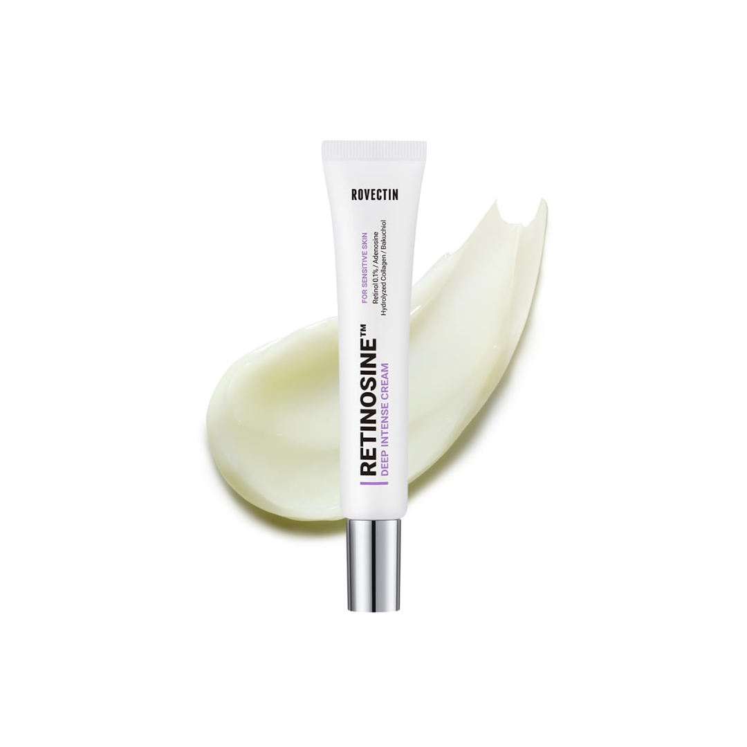 ROVECTIN Retinosine Deep Intense Cream is a rich anti-aging moisturizer that targets wrinkles, loss of firmness, and uneven skin tone. Formulated with Retinol and Bakuchiol, it boosts collagen production and smooths fine lines while being gentle on the skin. Enriched with Niacinamide, Hydrolyzed Collagen, and Ceramide NP, it brightens, deeply hydrates, and strengthens the skin barrier. With nourishing Macadamia Oil, Almond Extract, and Botanical Oils, this cream restores elasticity and leaves skin plump, ra