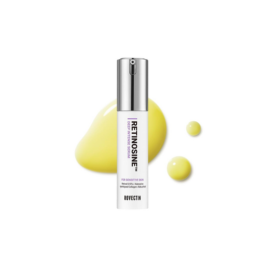 ROVECTIN Retinosine Deep Intense Serum is a concentrated anti-aging serum that helps smooth fine lines, firm the skin, and restore radiance. Formulated with Retinol and Bakuchiol, it supports collagen production and improves elasticity while being gentle on the skin. Enriched with Niacinamide, Hydrolyzed Collagen, and Ceramide NP, it brightens, hydrates, and strengthens the skin barrier. With added Squalane, Macadamia Oil, and Panthenol, this serum nourishes and soothes, leaving skin plump, refined, and you