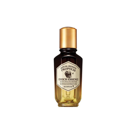 SKINFOOD Royal Honey Propolis Enrich Essence is a deeply nourishing essence featuring 63% Black Bee Propolis Extract, 10% Royal Jelly Extract, and 10% Black Honey Extract to strengthen the skin barrier and deliver intense hydration. Enriched with Beta-Glucan and Sodium Hyaluronate, it locks in moisture and improves skin elasticity. Its lightweight, fast-absorbing formula leaves the skin soft, smooth, and radiant. Ideal for dry and sensitive skin seeking hydration and repair.