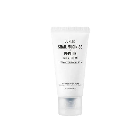 JUMISO Snail Mucin 88 + Multi-Peptide Facial Cream is a nourishing and hydrating moisturizer formulated with 88% Snail Secretion Filtrate to help repair and rejuvenate the skin. Enriched with Niacinamide for brightening and a blend of Multi-Peptides including Copper Tripeptide-1 and Palmitoyl Pentapeptide-4, this cream enhances skin elasticity and smooths fine lines. It also contains Sodium Hyaluronate and Panthenol to lock in moisture, leaving your skin soft, supple, and radiant. Perfect for those seeking 