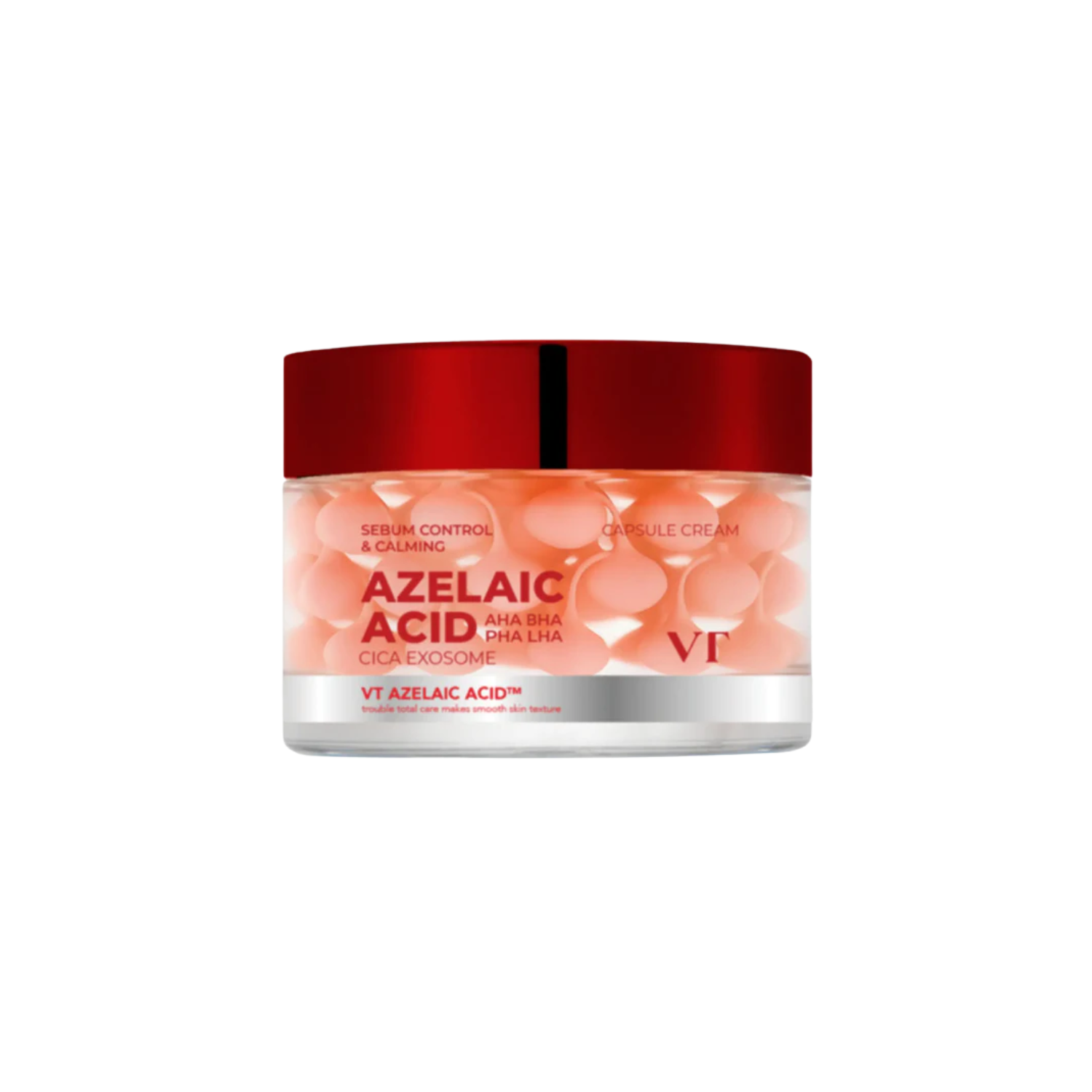 VT Azelaic Acid Care Capsule Cream is a lightweight gel cream designed to help balance excess oil, calm blemish-prone skin, and support a clearer-looking complexion. Formulated with Azelaic Acid, Niacinamide, Salicylic Acid, Glycolic Acid, Lactobionic Acid, Centella Asiatica Extract, Madecassoside, Beta-Glucan, Panthenol, Tea Tree Extract, and Peptides, it helps refine uneven texture, soothe irritation, and support the skin barrier. The breathable dual-texture formula features azelaic acid capsules that abs