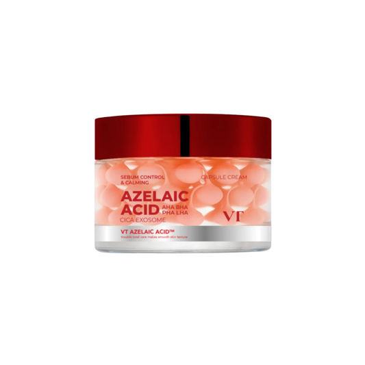 VT Azelaic Acid Care Capsule Cream is a lightweight gel cream designed to help balance excess oil, calm blemish-prone skin, and support a clearer-looking complexion. Formulated with Azelaic Acid, Niacinamide, Salicylic Acid, Glycolic Acid, Lactobionic Acid, Centella Asiatica Extract, Madecassoside, Beta-Glucan, Panthenol, Tea Tree Extract, and Peptides, it helps refine uneven texture, soothe irritation, and support the skin barrier. The breathable dual-texture formula features azelaic acid capsules that abs